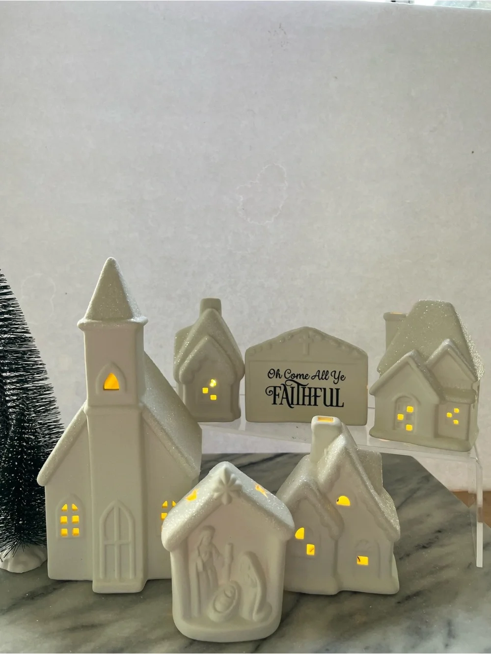 White Ceramic Christmas Village Set O Come All Ye Faithful Light Up 6 bisque pcs